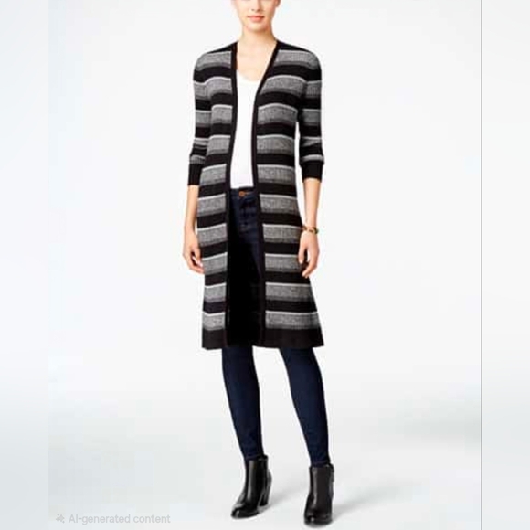 Sweaters - Women's Black and Gray Striped Cardigan Sweater